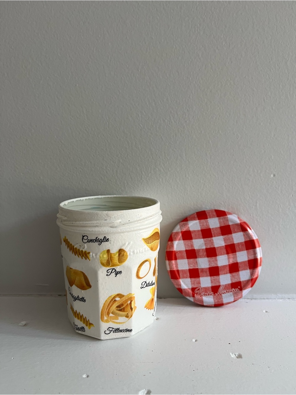 White Pasta-Themed Ceramic Jar with Red Gingham Lid